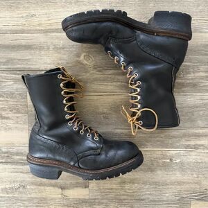 Vintage Red Wing 8" Black Leather Logger Boots Size 8.5